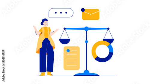 Woman comparing pie chart and bowl near scale. Concept of balancing diet and exercise for healthy lifestyle. Fitness and nutrition concept.
