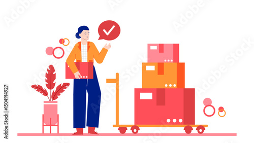 Person pushes a box on a dolly, suitable for delivery, moving, warehouse, shipping, logistics, transportation, and supply chain concepts.