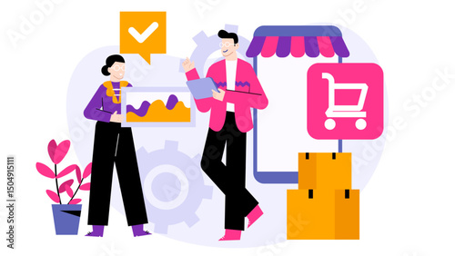 Two people discussing online shopping, browsing website and planning purchases. Perfect for ecommerce blogs, technology articles, and marketing materials.