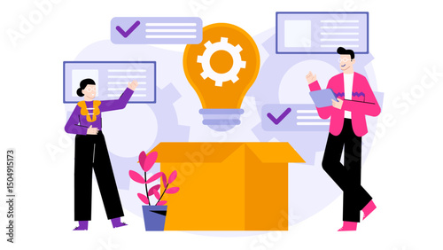 Conceptual image of collaboration and innovation with two people, light bulb, and gear. Suitable for teamwork, creativity, and idea generation concepts.