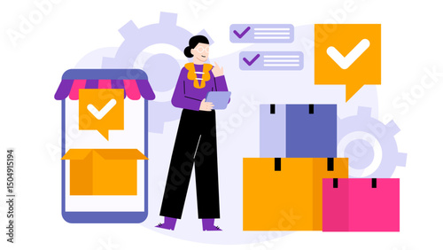 Person holding smartphone surrounded by moving boxes, perfect for real estate, moving services, technology, and communication concepts.