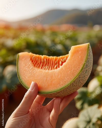 Sunlit orchard with summer fruit tasting concept. Fresh melon slice held against a sunny agricultural backdrop