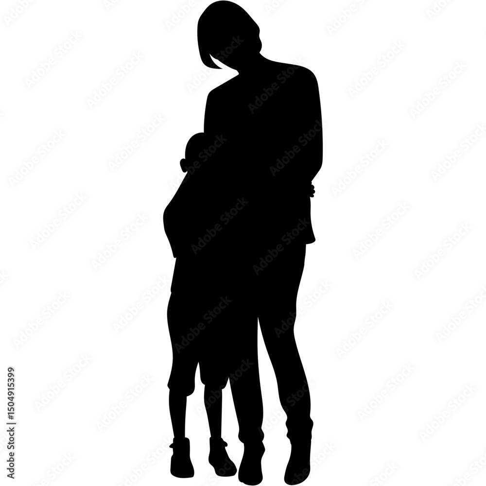 Fototapeta premium Mother and Son Silhouette. A mother and child holding hands walking together silhouette black filled vector Illustration.