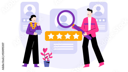 Ideal for social media analytics or user rating concepts. Office colleagues analyzing customer satisfaction data