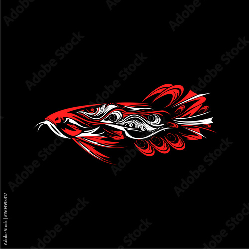 Tribal arwana Vector – Red and Black Ornamental Fish Illustration

