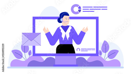 Woman on computer screen with headset. Suitable for online customer service, remote work, telemarketing, video conferencing, and tech support.