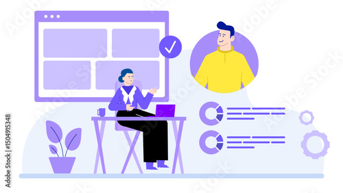 Woman sitting at a desk with a laptop, working, studying, online shopping, remote work, eLearning, technology, business concept.