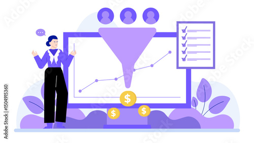 Businesswoman pointing at growth chart with funnel and checklist, suitable for presentations, reports, articles, or marketing materials on business growth strategies.