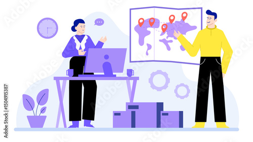 Man and woman looking at a world map, planning travel routes together. Suitable for travel, tourism, partnership concepts.