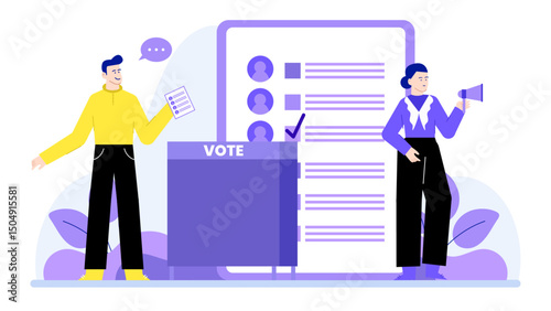 Two people voting with one holding a megaphone, perfect for concepts of communication, democracy, elections, activism, and leadership.