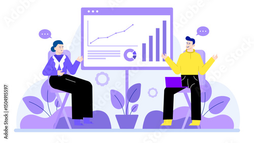 Man and woman discussing graphs. Suitable for presentations, business articles, marketing materials, teamwork concepts, financial reports, and data analysis designs.