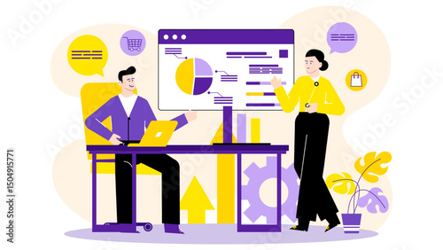 Two people analyzing data on computer screen. Startup team discussing product market fit, suitable for business presentations, technology blogs, or data analysis articles.