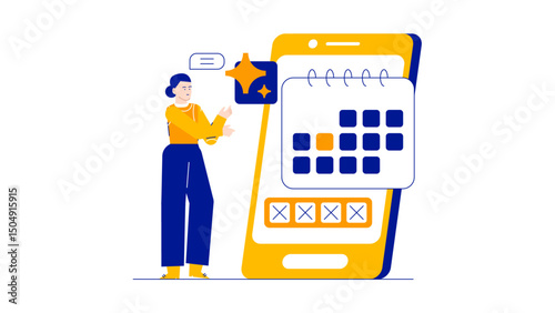 Person pointing to a calendar app on a smartphone. Suitable for technology, organization, scheduling, time management concepts. Suitable for web and print.