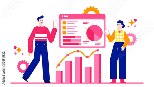 Two individuals analyzing data and graphs; perfect for business presentations, financial reports, teamwork concepts, analytics discussions, technology discussions.