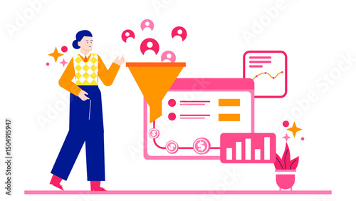 Person with funnel converting people into money, ideal for illustrating sales, marketing, conversion, profit, business strategies, and financial concepts.