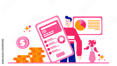 Man holding a pink phone with coins and a plant, suitable for finance or technology concept designs and social media posts.