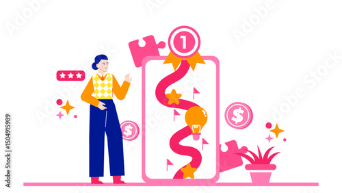 Person pointing to a pink phone with a pink road leading to a lightbulb. Suitable for technology concept designs and creative marketing materials.