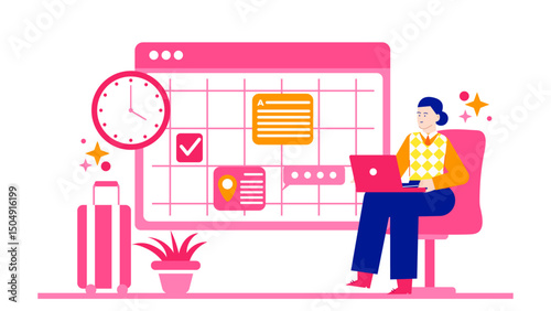 Person using laptop on pink chair next to pink calendar. Online booking and reservation for business service. Suitable for business, workspace, organization, planning, productivity concepts.