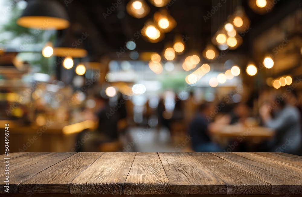 Rustic wooden table in blurred, warmly lit cafe setting; bokeh lights, indistinct patrons