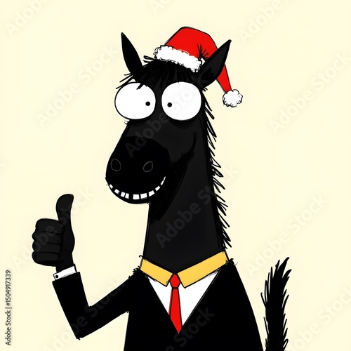 A dapper black horse, wearing a Santa hat and suit, gives a cheerful thumbs-up. Festive holiday spirit and good tidings abound in this whimsical illustration.