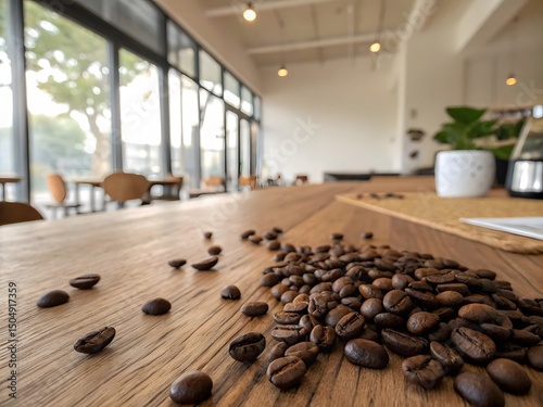 Aromatic Coffee Beans Scattered on a Rustic Wooden Table in a Cozy Cafe,Sunlight Streaming Through Large Windows,Creating a Warm and Inviting Atmosphere. photo