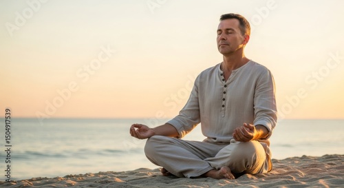 Calm Man Meditating on Beach at Sunrise with Ocean Waves for Peace and Relaxation