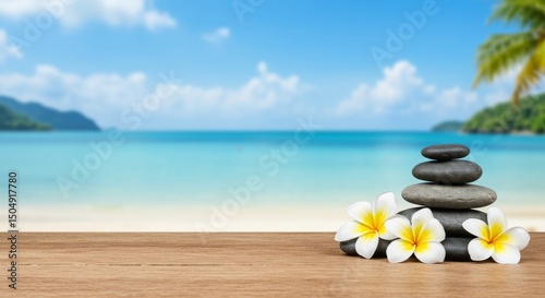 Relaxing Beach Scene with Stacked Stones and Tropical Flowers for Tranquility
