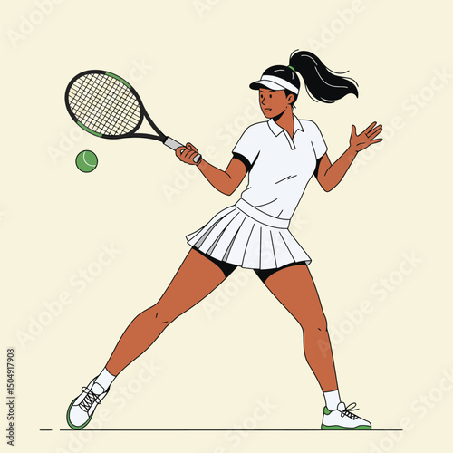 Woman Player Swinging Tennis Racket Hitting Ball During Sport Game