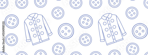 Seamless Pattern with Outline Coats and Buttons – Minimal Blue Linear Fashion Design Background for Textile, Tailoring, Kids Apparel, Sewing Projects, or Digital Surface Print