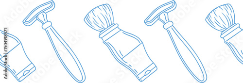 Seamless pattern of shaving razors, brushes, and cream bottles in blue line art on a white background. Ideal for barbershop branding, grooming products, and men’s care packaging designs.