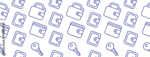 Minimal wallet and key seamless pattern in outline style for finance, security, and digital access concepts. Ideal for fintech, apps, and background design use. Vector icon repeat design.
