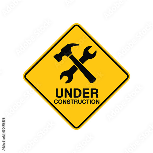 Vector illustration of a yellow under construction sign with hammer and wrench symbols