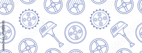Seamless pattern of engine pistons, gears, and steering wheels in minimal blue line art style. Ideal for automotive backgrounds, mechanical themes, and industrial illustrations. Vector design format.