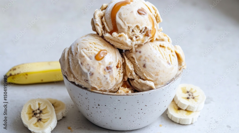 Fototapeta premium Creamy Banana Ice Cream with Caramel Drizzle in White Bowl