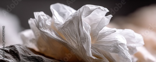 Microscopic view of recycled plastic. Delicate white flower petals on a textured surface.