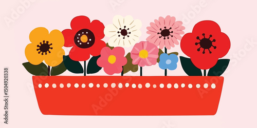 Colorful flowers in a red pot.