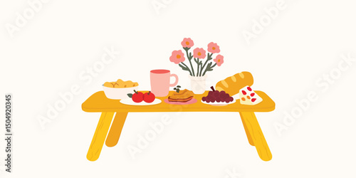 A vibrant breakfast tray laden with culinary delights, adorned with floral accents and a cup, offering a serene moment.