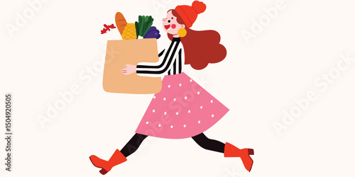 A woman with a shopping bag, full of groceries, runs with a joyful determination, her face illuminated by a playful and animated expression. Carrying shopping bags, filled with essentials.