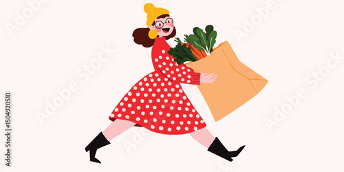 A joyous woman with a bag full of fresh vegetables and greens, dashes forward with a radiant smile, and a whimsical hat in this illustration that celebrates health and a healthy lifestyle.