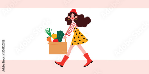 A fashionable individual gracefully navigates the scene, carrying a wooden box overflowing with fresh, vibrant produce, embodying the essence of healthy eating.
