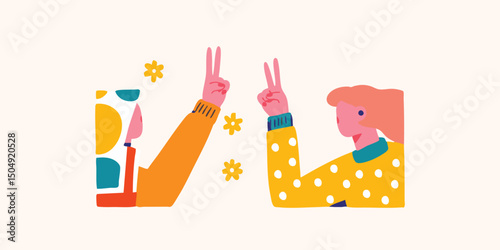 Two figures joyfully display peace signs, their vibrant yellow and orange attire and playful design evoking feelings of positivity and friendship.