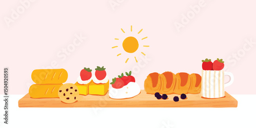 A breakfast spread features delicious pastries and sweet fresh fruits arranged on a wooden serving board. Including a sun icon, a breakfast scene, evoking feelings of joy and tranquility.