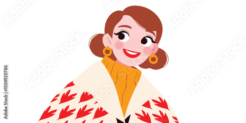 An illustration showcasing a cheerful woman with her unique personality and bright smile radiates warmth and positivity. Expressing fashion style and feminine grace with charm and elegance.