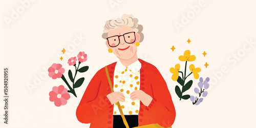 An elegant depiction of a smiling elderly woman exudes grace and serenity, wearing eyeglasses. surrounded by vibrant floral elements. She is the epitome of an elder and fashion.