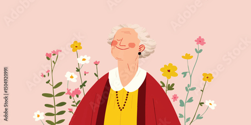 An illustration of an elderly woman among various kinds of blooming flowers in a vibrant meadow. a portrait of serenity and connection to nature, embracing the beauty of life's journey.
