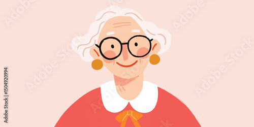 A heartwarming cartoon illustration of a smiling elderly woman with glasses, depicting the beauty of aging, perfect for stories about family, health, and life.