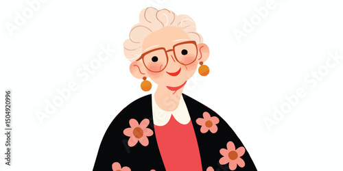 A cheerful illustration of a senior woman with glasses. This illustration is characterized by simplicity and vivid colors.