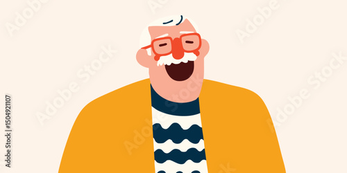 A delightful illustration of a cheerful elder gentleman, radiating joy with a wide, toothy smile and sparkling eyes behind his spectacles.
