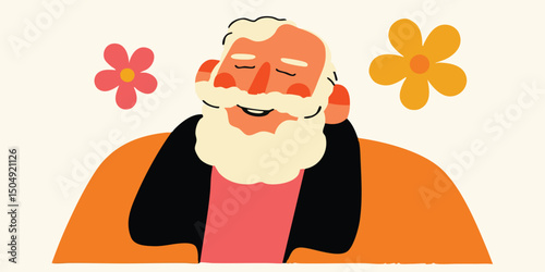 An elder man enjoys tranquility in the midst of a vibrant floral scene, capturing serene state of mind. 
