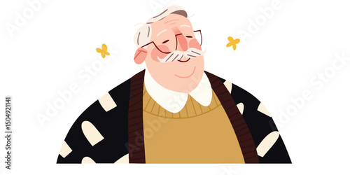 A charming cartoon of an elderly man, glasses perched, exudes a sense of warmth, happiness, and gentle elegance. This artwork captures a scene of serenity.